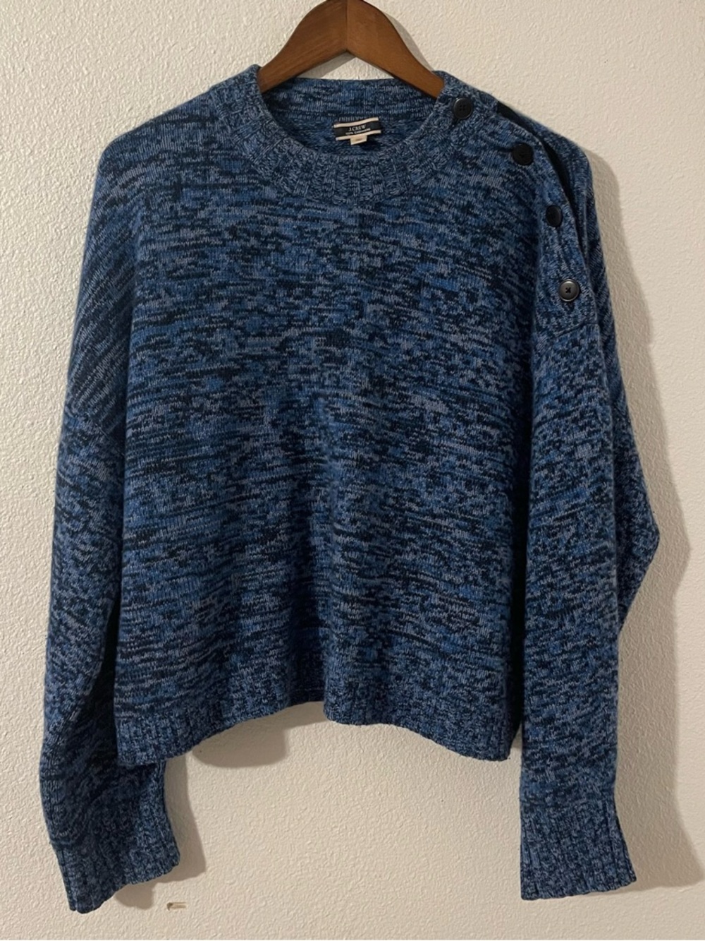 J. Crew 100% Cashmere Women’s XL Blue Marled Button-Shoulder Crewneck Sweater